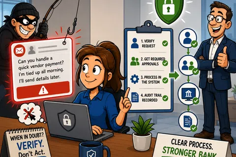 Illustration of bank employee verifying payment request to avoid phishing scam with locked laptop and secure process checklist.
