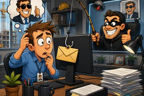 Office worker worried about phishing email from hacker using fishing rod and envelope hook on computer screen.