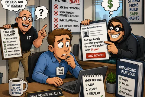New hire hesitates as IT warns to follow security process while a hacker tries to trick with urgent payment email.