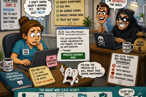 New dental office hire faces phishing scam warning with reminders to verify requests and protect patient data securely.