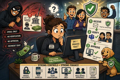 Employee learns payment approval steps to prevent fraud with team verification, MFA, ERP, and role-based controls.