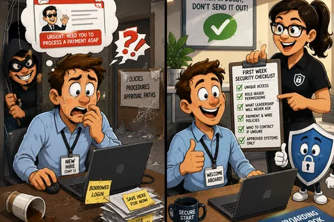 New hire struggles with phishing, then learns cybersecurity protocols from a friendly trainer using a checklist and playbook.