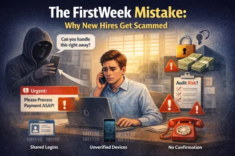 New employee on phone facing scammer demanding urgent payment with warnings of audit risk and security threats.