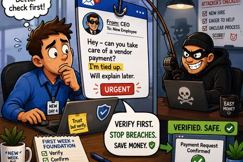 New employee cautious of phishing email request from fake CEO, verifying to prevent breaches and confirm payment safety.