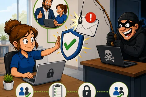 Woman blocks phishing email with shield icon while hacker tries to steal data on laptop in office setting.