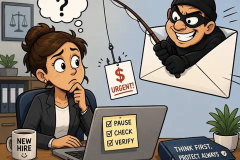 Woman new hire reacts to phishing email with urgent financial request from masked scammer in envelope.