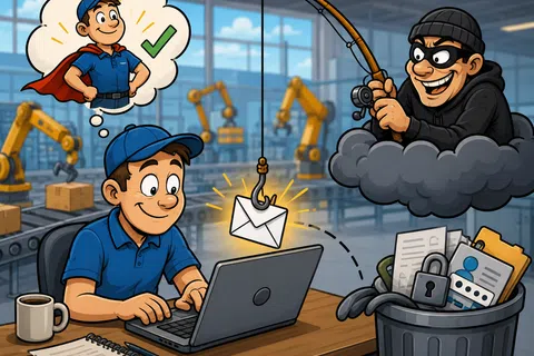 Employee at laptop targeted by a hacker fishing for sensitive data through a phishing email scam illustration.