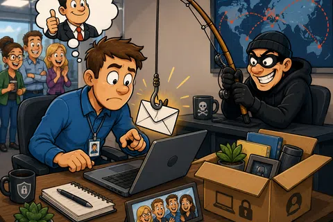 An office worker is tricked by a hacker’s phishing email while colleagues watch and an overlay shows a confident businessman.
