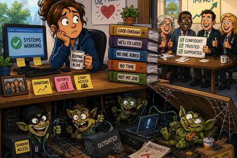 Stressed worker at desk with warning signs, goblin-like tech issues below and confident team presenting solutions.