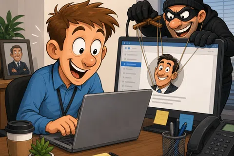 Cartoon hacker manipulating a happy man’s online profile like a puppet in an office setting with laptop and coffee.