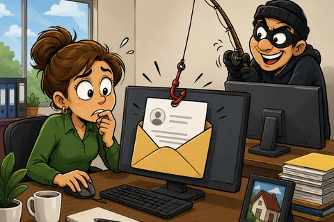 Woman worries as hacker uses fishing rod to phish an email with personal data on her computer screen.