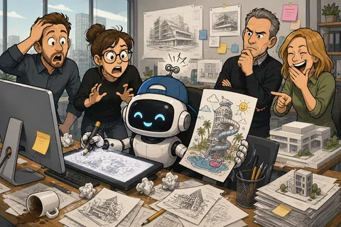 Robot wearing a cap draws architectural designs as surprised humans watch in a creative office with city view.