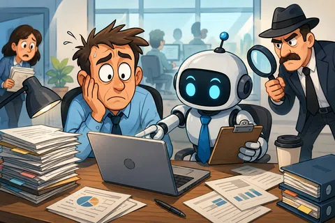 Stressed office worker assisted by robot while detective investigates with magnifying glass in busy workplace.