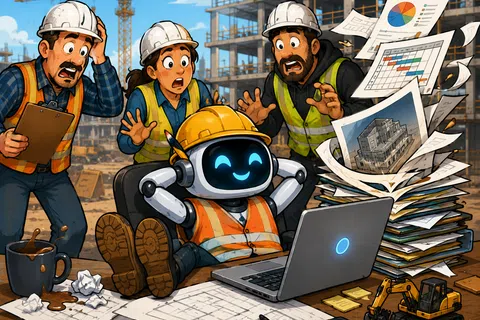 A relaxed construction robot working on a laptop while shocked workers watch papers fly around a busy building site.