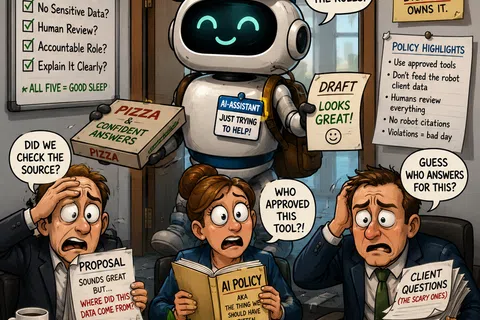 Cartoon robot labeled AI assistant delivers pizza with AI supervision checklist, confused office workers debate AI ownership and policy.