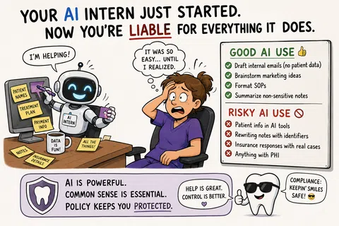 Illustration showing an AI intern helping with medical data while a stressed worker realizes liability risks and safe AI use guidelines.