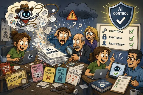 Team overwhelmed by chaotic big proposal with missing data, risk, and questions; AI control ensures right tools, data, and review.