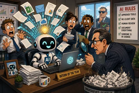 Smiling AI robot named intern of the year overwhelms stressed office workers with flying documents and data.