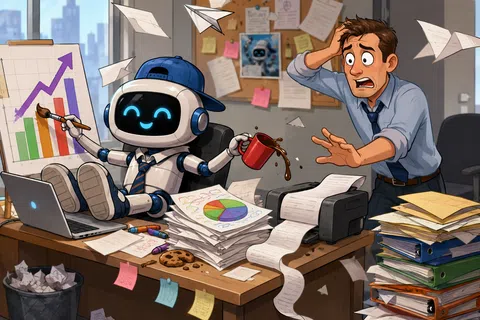Robot in office relaxing and painting charts while spilling coffee, surprising stressed man at cluttered desk with papers flying.