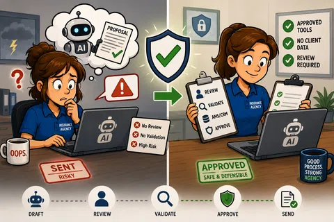 Insurance agent struggles with risky AI draft, then follows review, validation, and approval steps for safe proposal.