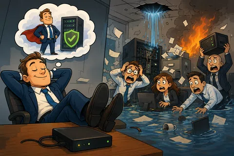 Relaxed businessman ignores office chaos with flooding, fire, and panicked coworkers, dreaming of secure data servers.