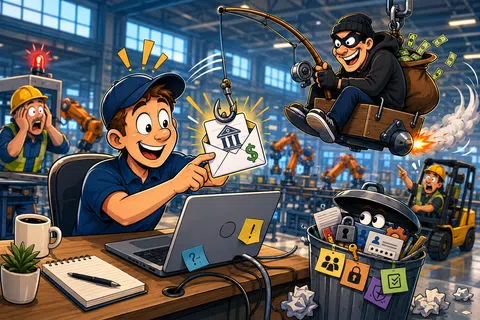Cartoon hacker steals money email from happy man at factory while workers react in shock and alarm.