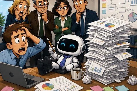 Office workers shocked as a relaxed robot handles towering stack of paperwork with graphs and charts.