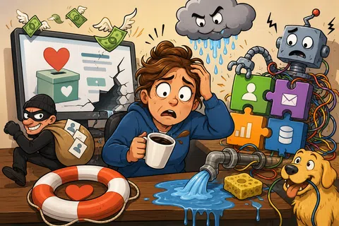 Stressed woman at cluttered desk with leaking pipe, angry cloud, confused robot, thief, flying money, and helpful dog with sponge.