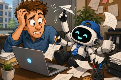 Stressed man at cluttered desk with playful robot wearing a baseball cap amid flying papers and laptop.