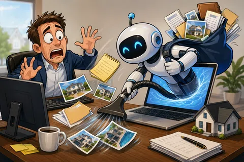 Robot vacuum emerging from laptop cleans and organizes messy desk with papers, photos, and stressed man.