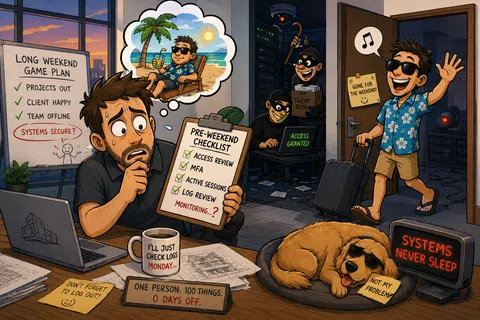 Man worried about system security and logs as hackers access data while another version of him enjoys a beach weekend.