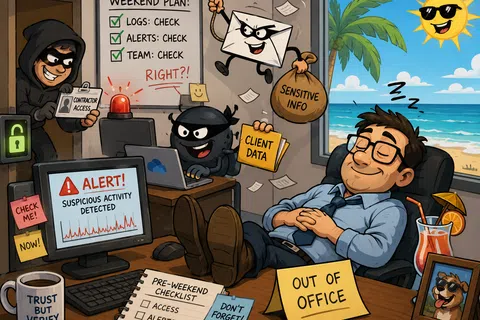Cartoon of a man sleeping at his desk ignoring cybercriminals stealing sensitive client data while alert looks active.