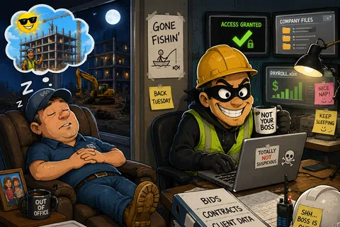 Thief wearing a hard hat hacks company data while employee naps in office dreaming of work, nighttime construction site outside.