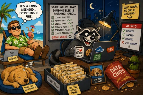 A raccoon steals client data on a laptop while a man relaxes on vacation, with a sleeping dog and data chips around.