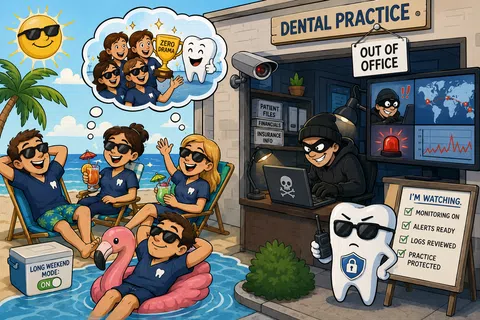 Cartoon showing dental staff relaxing on a beach while a tooth guards dental practice data from a hacker.