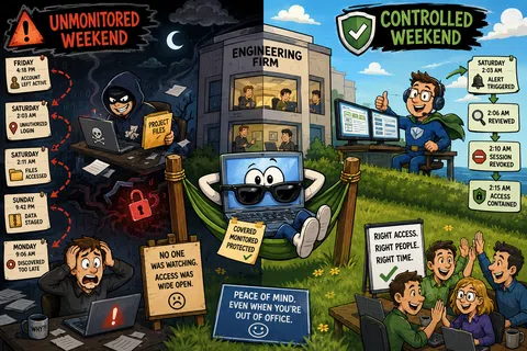 Illustration contrasting unmonitored weekend cyberattacks with secure, controlled weekend access in an engineering firm.