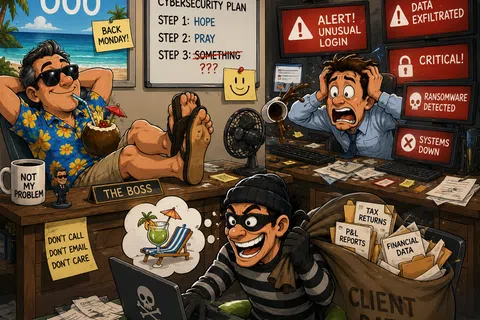 Cartoon of a relaxed boss ignoring cybersecurity alerts while a hacker steals client data from the office.