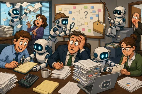 Office workers overwhelmed with paperwork aided by helpful robots managing documents and data efficiently.