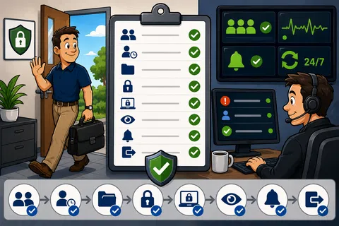 Man leaving office with security checklist confirmed and support agent monitoring 24 7 access control and alerts
