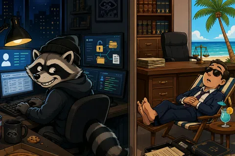 A raccoon hacker works on computers at night while a relaxed lawyer naps in a sunny office with beach view.