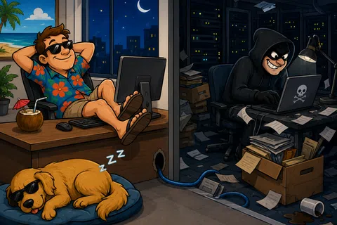 Relaxed man and dog unaware of hacker stealing data through hidden cable in nighttime office setting.