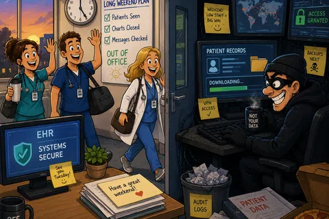 Healthcare workers leave office happy for weekend as a hacker steals patient data in a dark room.