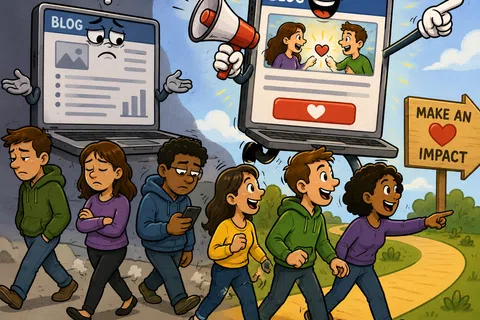 Animated laptops show sad and happy blogs influencing people to make a positive impact, with a heart symbol and signpost.