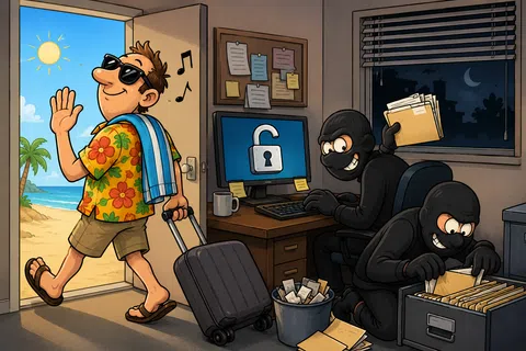 Man in vacation clothes leaving an office while two masked thieves steal files at night from his desk.