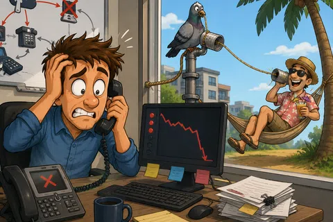 Stressed man in office with failing graph on computer and broken phone, while relaxed man chats outside through tin can phone.