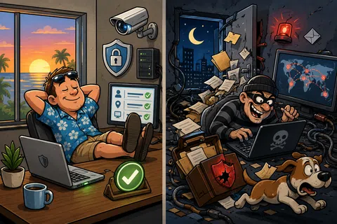 Split scene of a relaxed man in a secure room and a hacker in a dark room with papers flying and a scared dog running