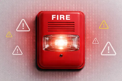 Red fire alarm bell with glowing light and warning triangles on textured wall background.