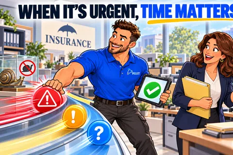 A man in blue pressing a red urgent button with a woman smiling and office paperwork in a bright insurance office setting.