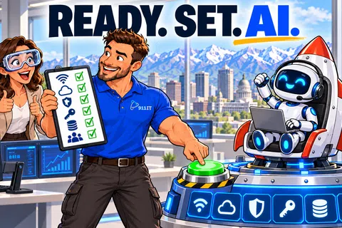 Man pressing green button next to robot on rocket with AI tech icons, woman showing checklist in modern office.