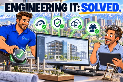 Two engineers collaborate in a bright office with 3D building models and IT icons illustrating project success.